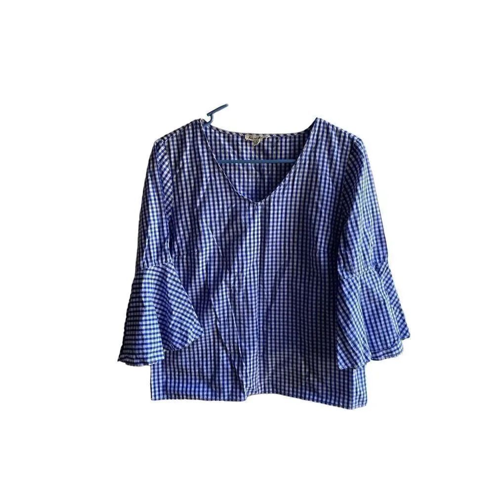Jane & Delancey blue and white gingham checkered blouse, size small ￼